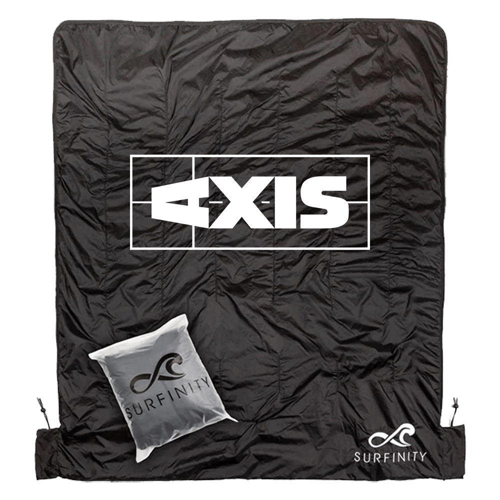 A wind proof black bag with the word Malibu/Axis Heated Boat Blankets by Surfinity on it.
