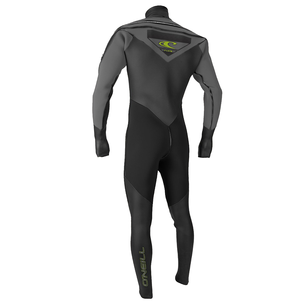 A 100% waterproof O'Neill Fluid Neo Drysuit with a zipper on the back, designed by O'Neill.