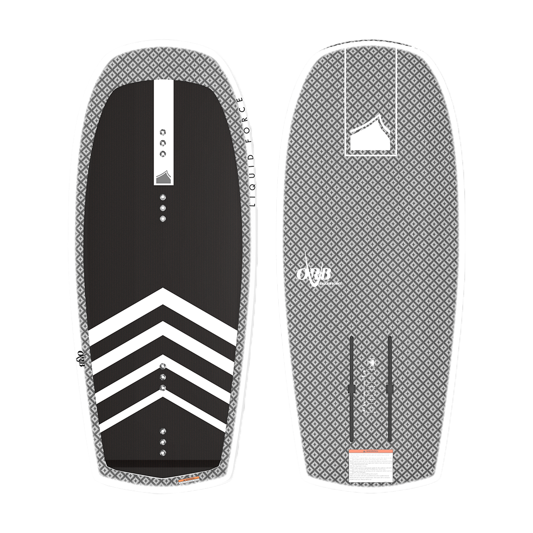 A Liquid Force 2024 Orb Foil Board with a black and white design and corduroy deck pad.