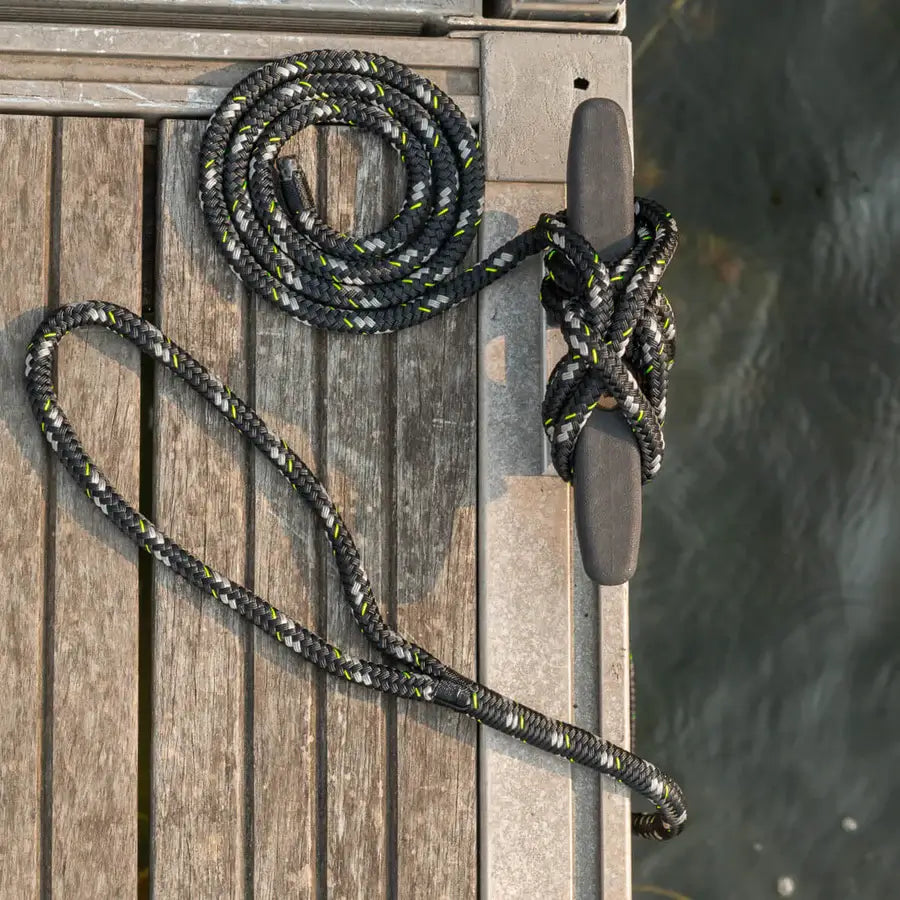 A Mission double braided rope attached to a wooden dock, providing high strength.