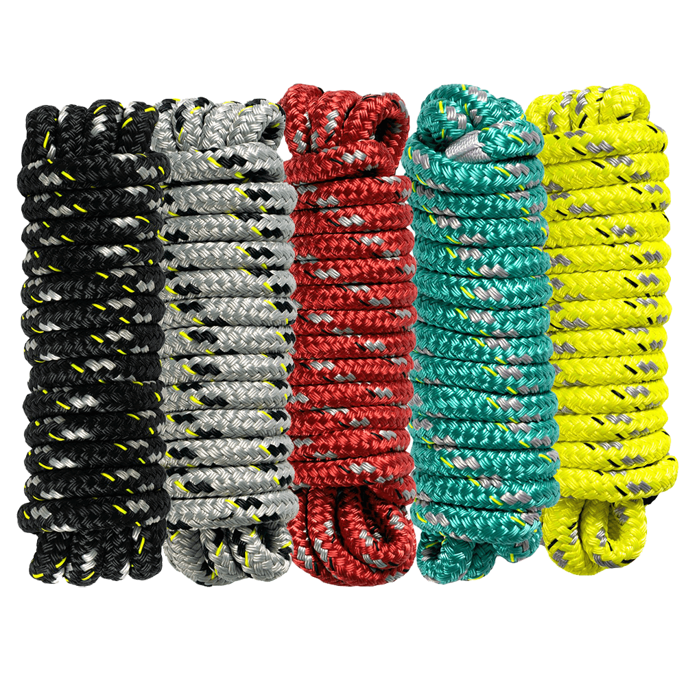 Four MISSION high strength, double braided ropes on a black background.