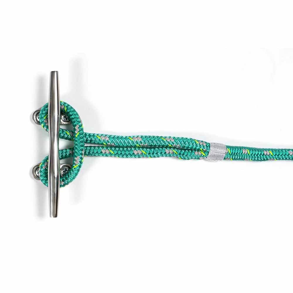 A MISSION green rope with a metal hook attached to it, perfect for modern boats, which is the Mission Fender Lines 3/8" x 6' - 2 Pack.