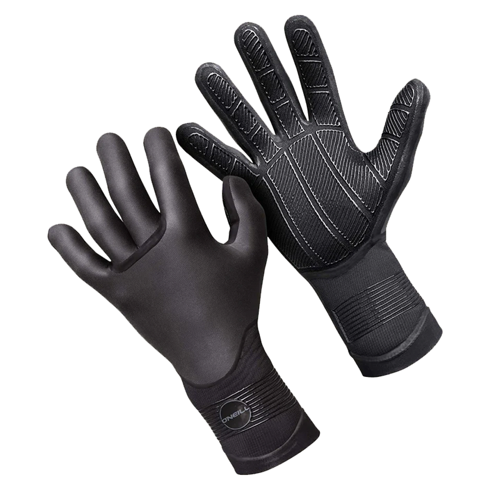 A pair of black O'Neill Psycho Tech 5mm Gloves, perfect for surf climates, on a white background.