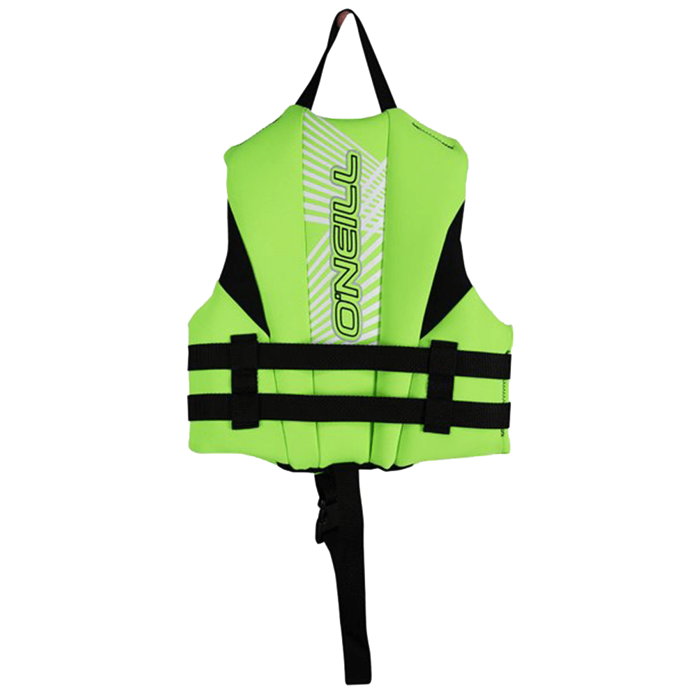 A high-quality O'Neill Child Reactor USCG Vest (30-50 LBS) for kids in green with black and white stripes.
