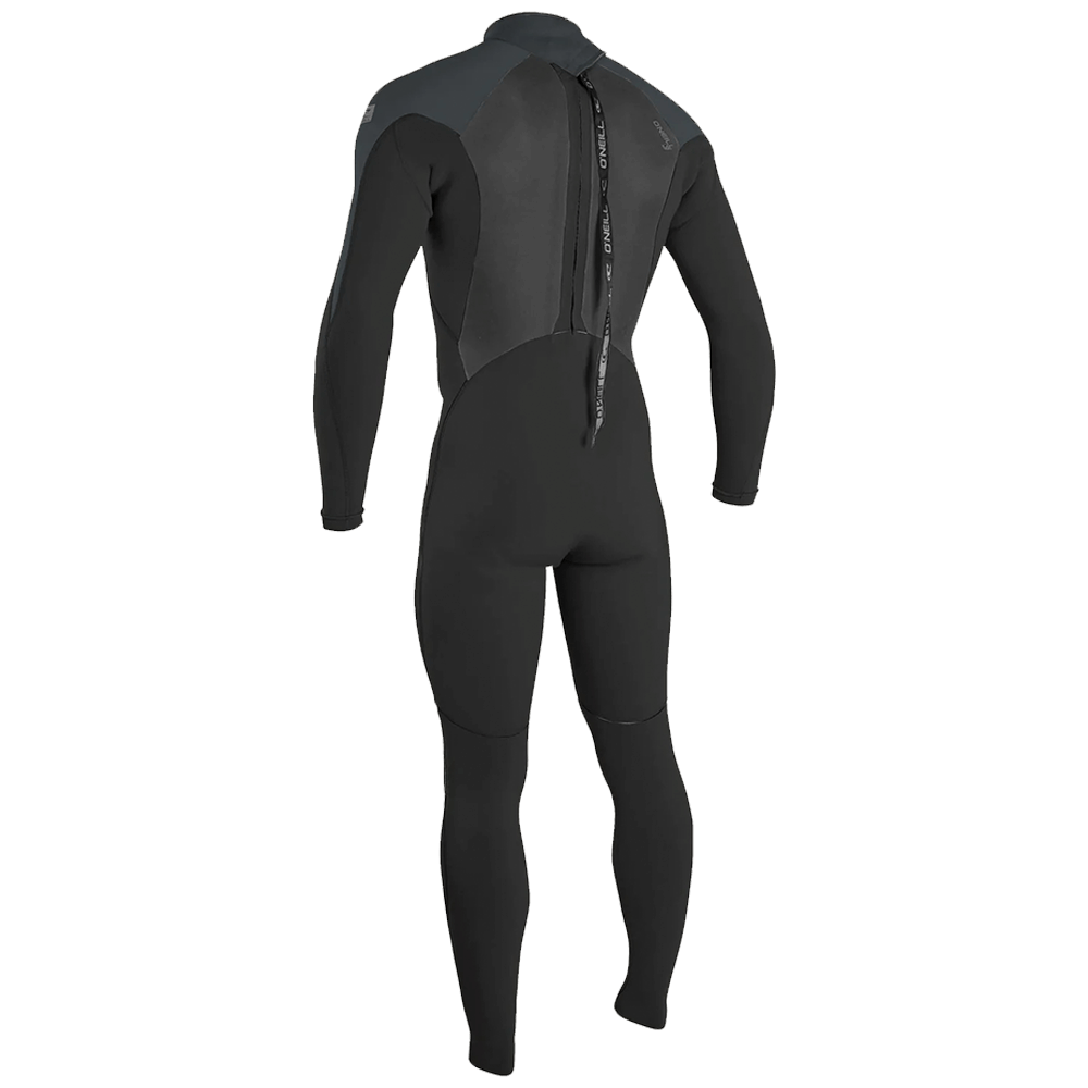 The back view of a black O'Neill Epic 3/2 Full Wetsuit with a zipper.