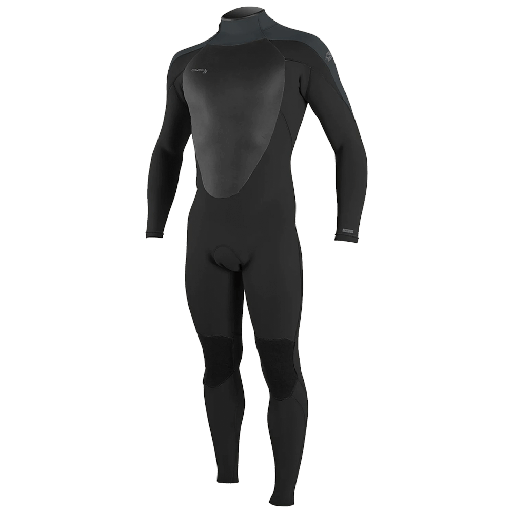 An O'Neill Epic 3/2 Full Wetsuit on a black background with a zipper.