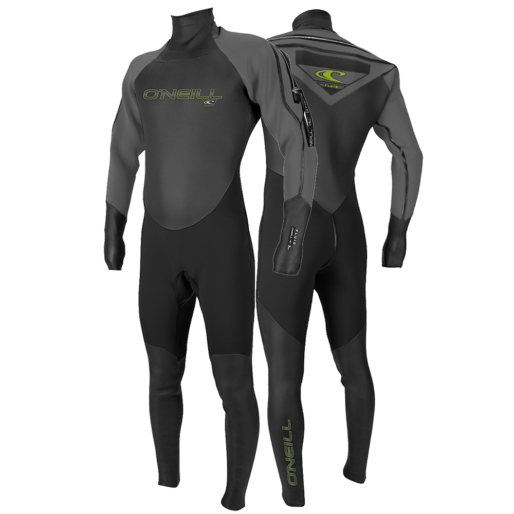 The men's O'Neill Fluid Neo Drysuit, designed by O'Neill, is shown in black and green.