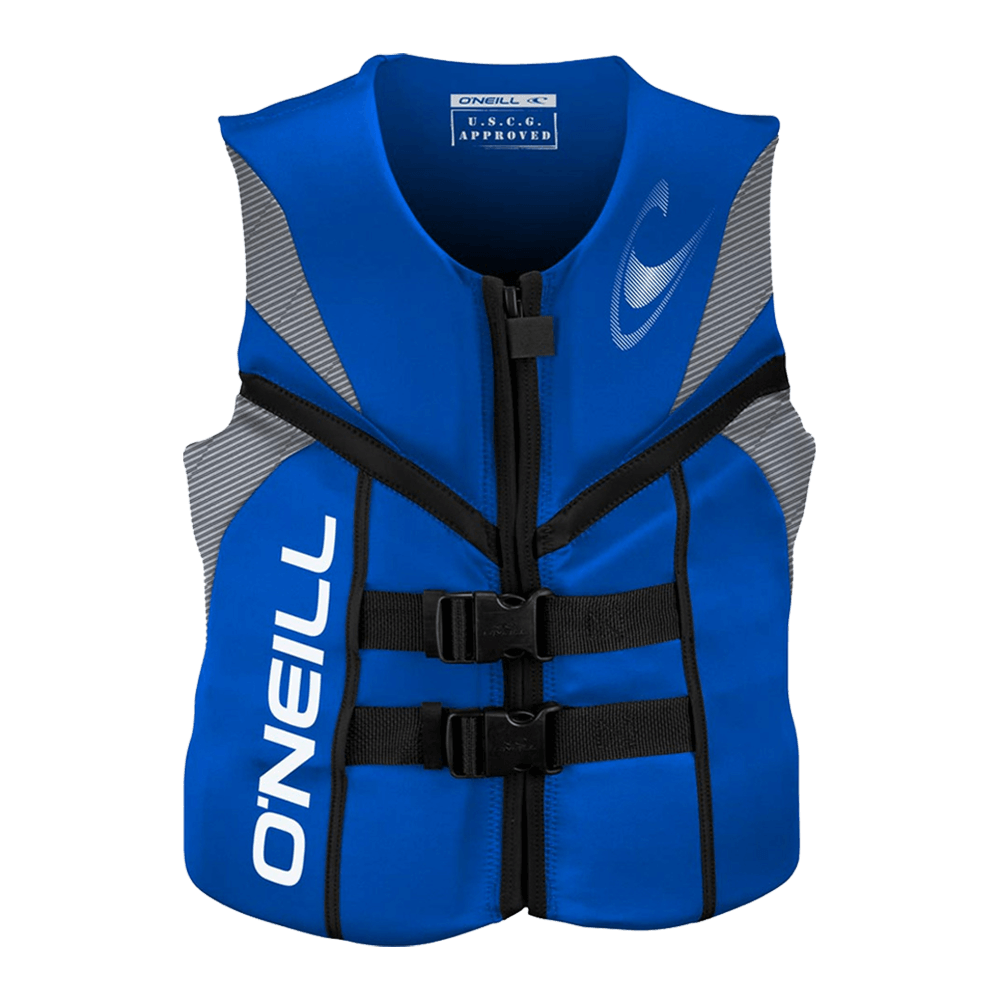 A blue O'Neill Reactor USCG Vest with the USCG APPROVED logo on it.