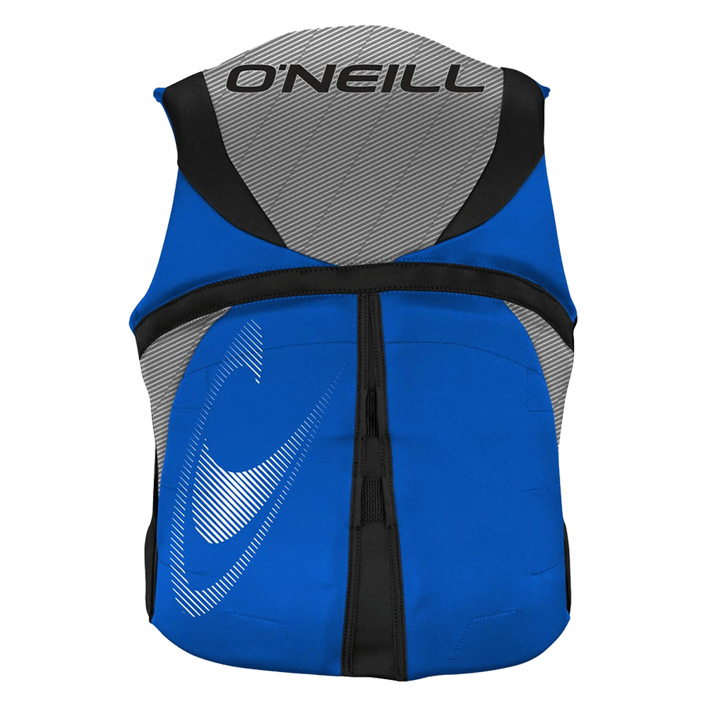 A blue and gray O'Neill Reactor USCG Vest featuring the word O'Neill.