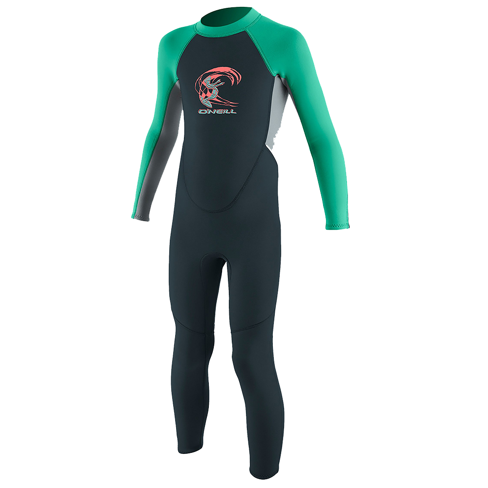 The O'Neill Toddler Reactor II 2mm Back Zip Full Wetsuit - Slate/Coolgrey/Seaglass boasts a durable and high-performance design, featuring a striking green and black color scheme.