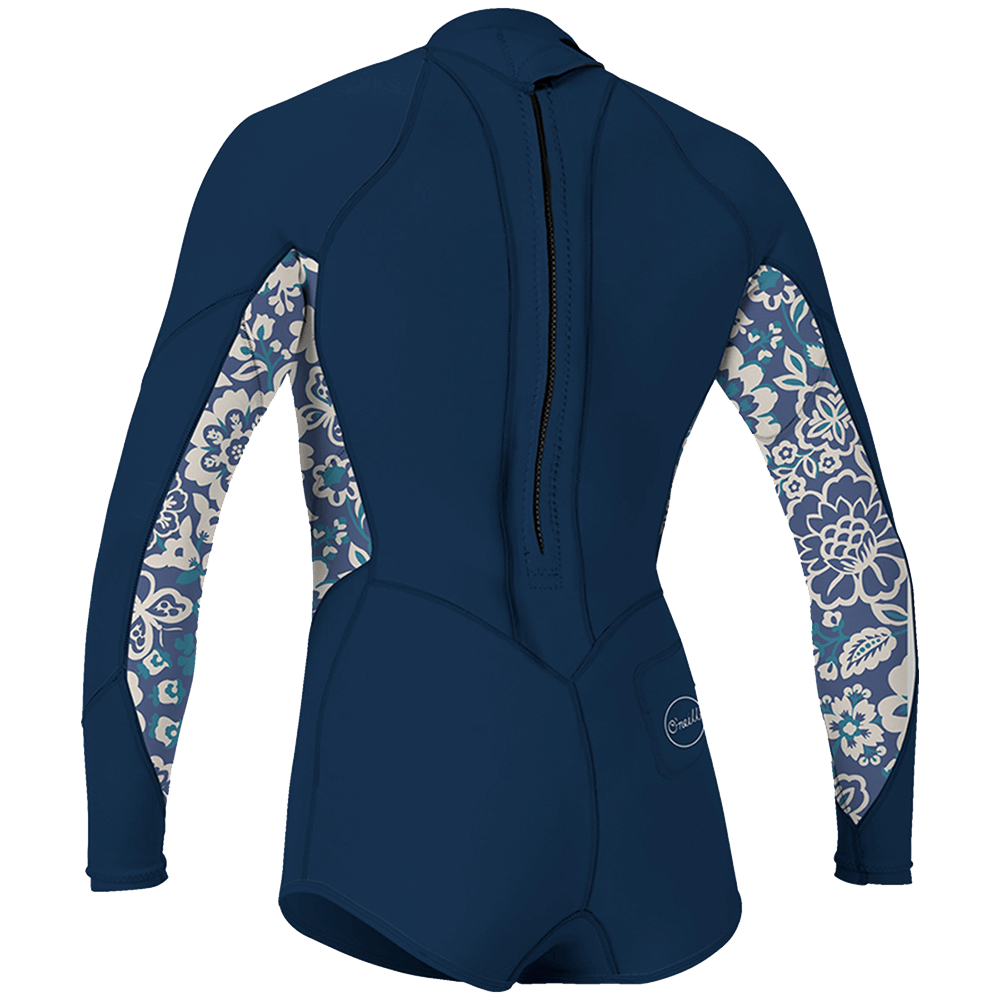 A O'Neill Women's Bahia 2/1MM Back Zip L/S Spring Wetsuit for women with a floral print on the back.