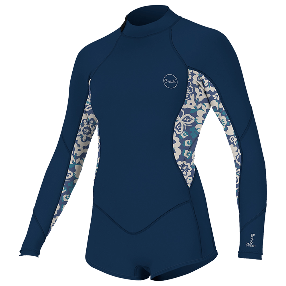 A women's O'Neill Women's Bahia 2/1MM Back Zip L/S Spring wetsuit with floral print.