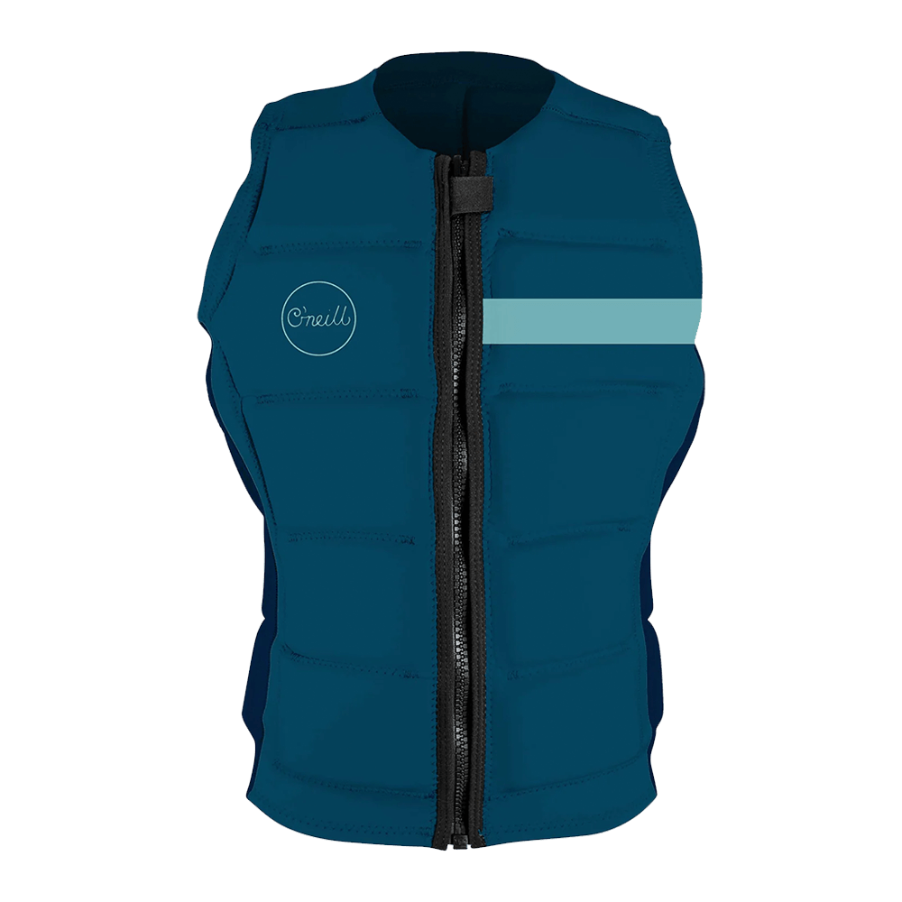 A women's O'Neill Bahia Comp Vest with NytroLite Foam, featuring a blue and blue stripe and performance driven technology.