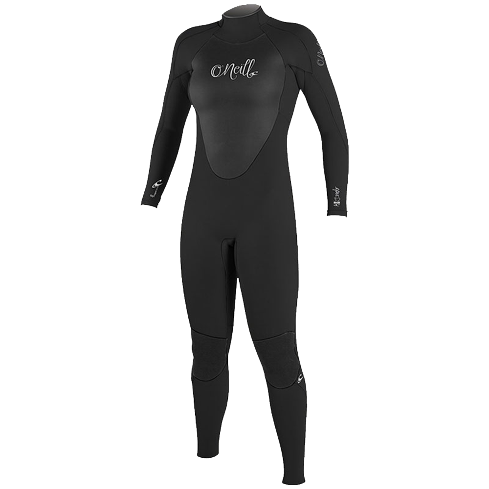 An O'Neill Women's Epic 3/2 Full Wetsuit with a black logo on it featuring the Backzip Entry System and Glued and Blindstitched Seams.