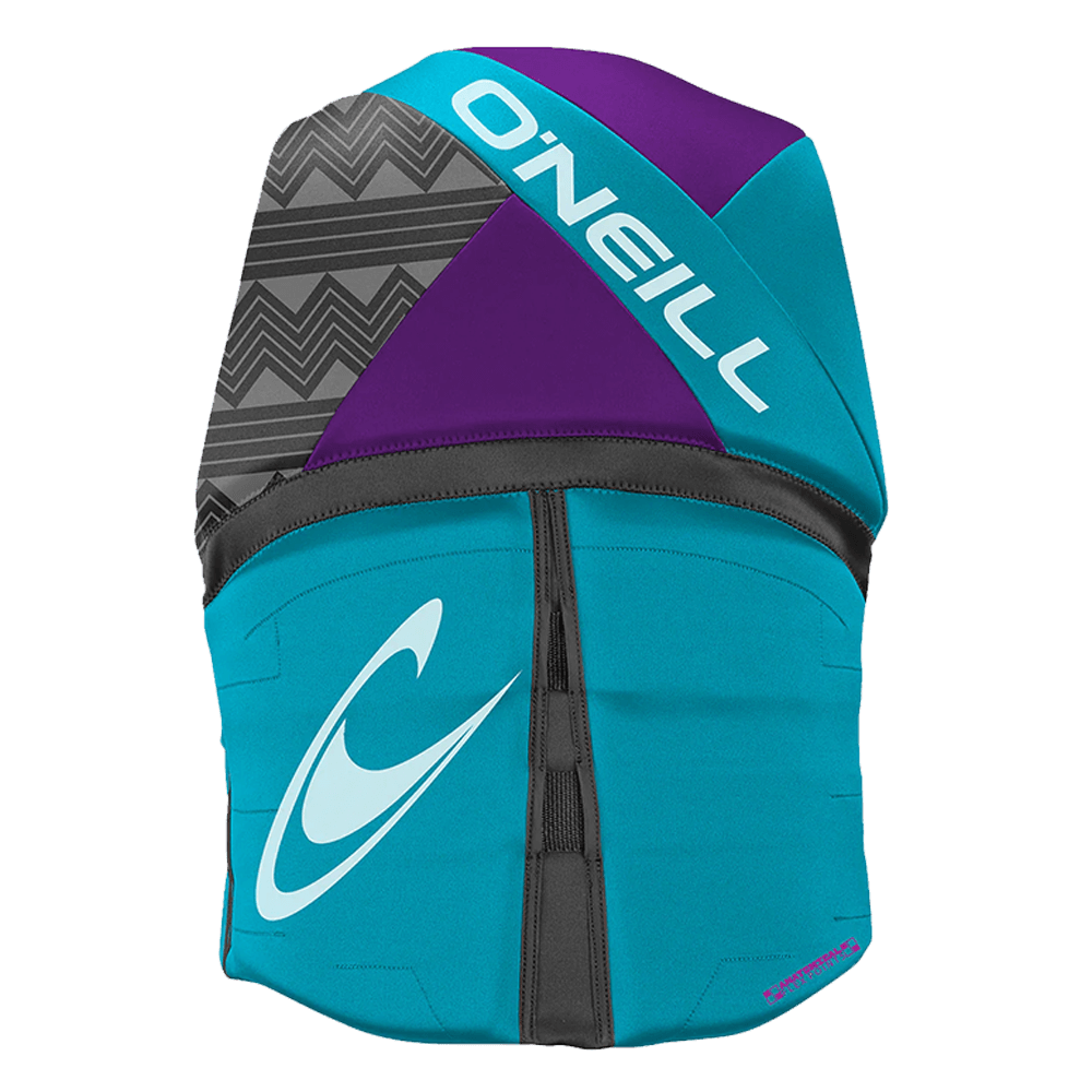 A O'Neill Women's Reactor USCG Vest, suitable for wake and waterski athletes, with a logo on it, in blue and purple.