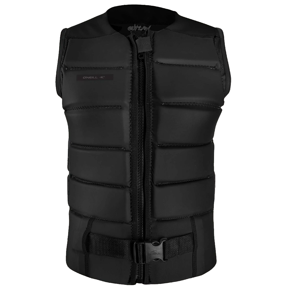 A black O'Neill Outlaw Comp Vest with a zipper on the front featuring Nytrolite Foam Technology.