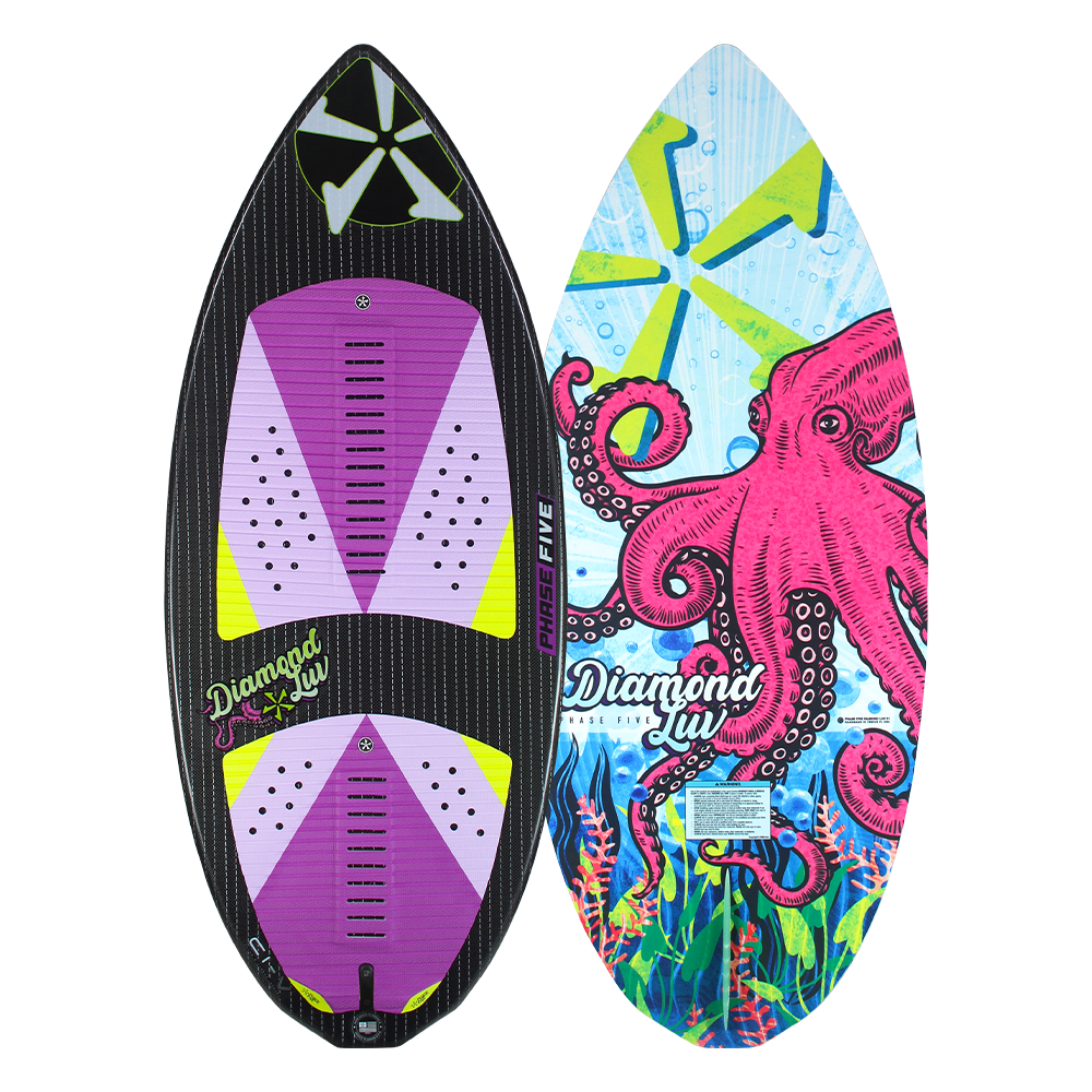 A purple Phase 5 2023 Diamond Luv Wakesurf Board with an octopus on it, featuring Diamond Luv and Carbon Innegra Vertical glass.