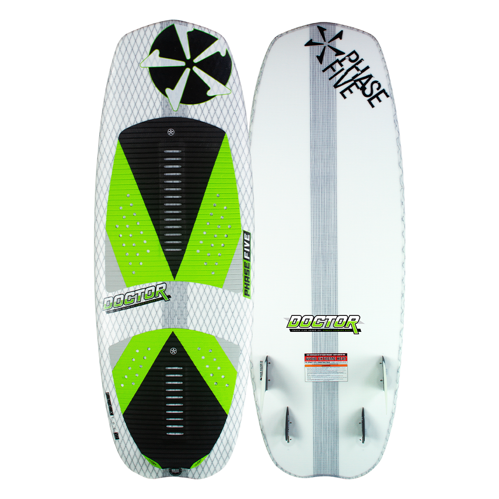 A Phase 5 wakeboard with a green and white design featuring the FLEXTec V2 technology.