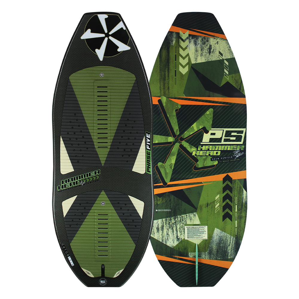 A maneuverable black and green Phase 5 2023 Hammerhead Wakesurf Board.