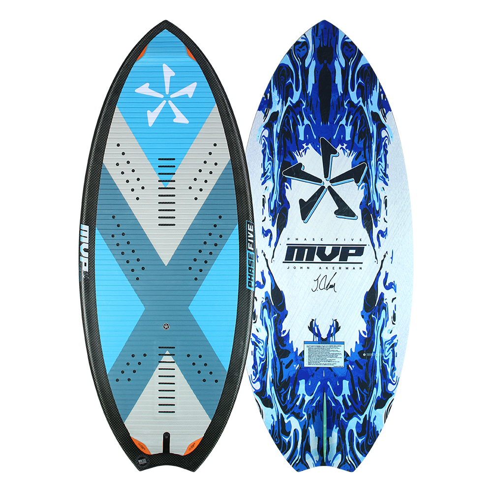 A Phase 5 2023 MVP Wakesurf Board with a blue and black design, perfect for skimming across the water like an MVP.