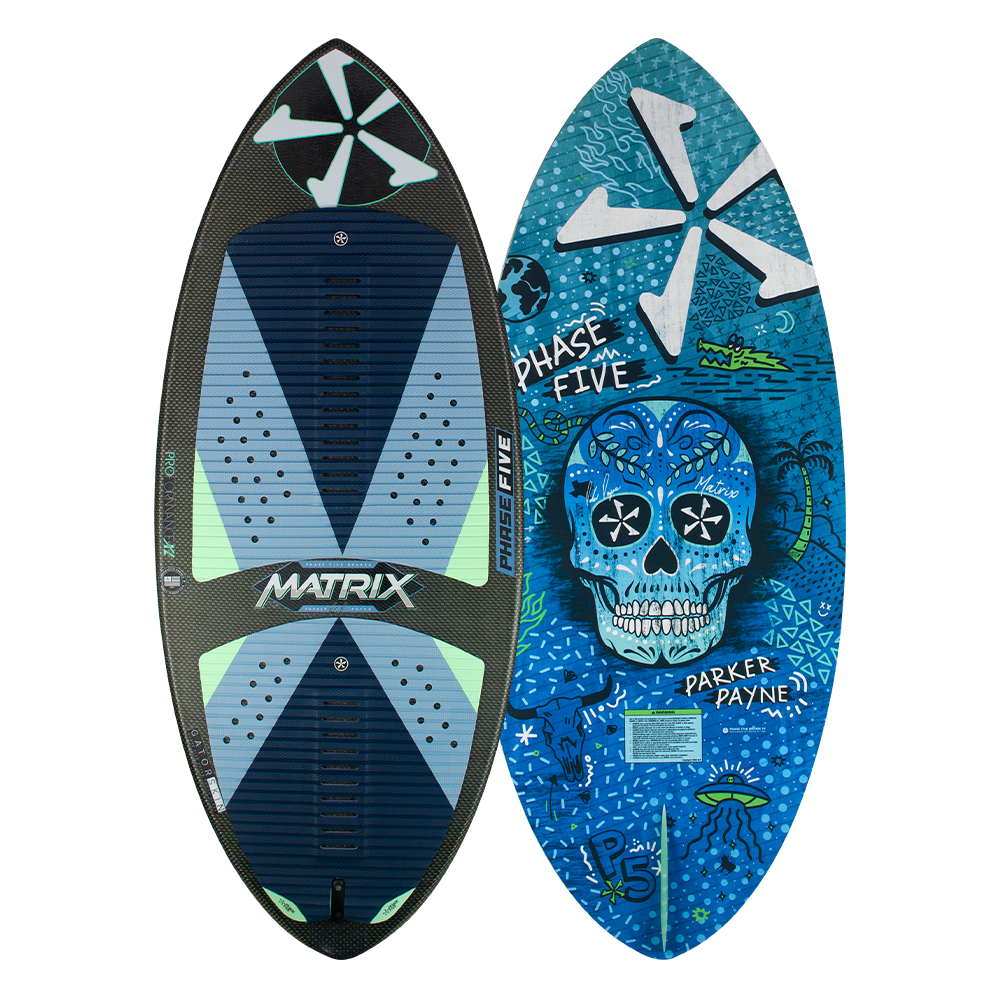 The Phase 5 2023 Matrix Payne Pro Wakesurf Board by Phase 5 features a skull design on its sleek Matrix shape, perfect for riders who prefer the Skim Style.