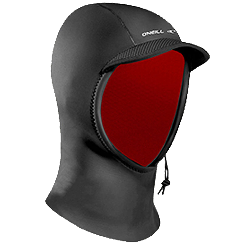 A black O'Neill Psycho Hood 1.5mm designed for the coldest climates, equipped to brave extreme elements. The wetsuit features a striking red hood and is part of the O'Neill equipment lineup.