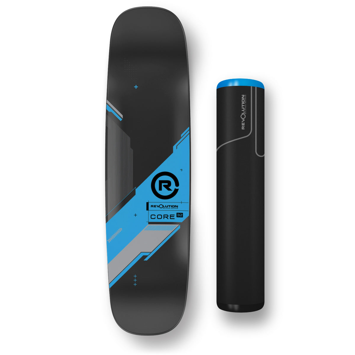 A Revolution Core 32 Balance Board with a battery next to it, perfect for progression and performing tricks. Also known as a balance board.