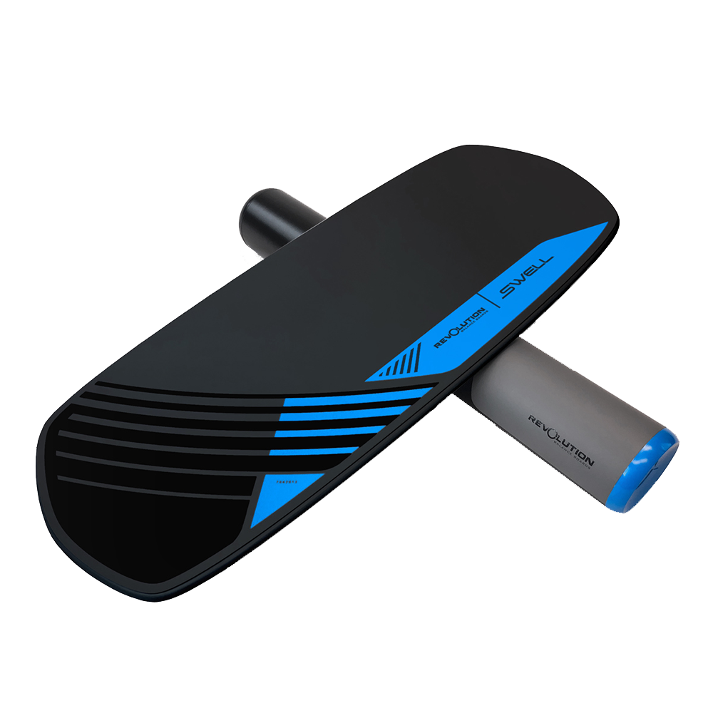 A Revolution Swell 2.0 Balance Board with a blue battery attached to it.