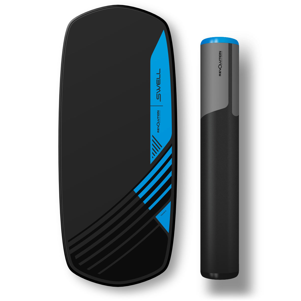 A black and blue device, known as a Revolution Swell 2.0 Balance Board, is placed next to a charger.