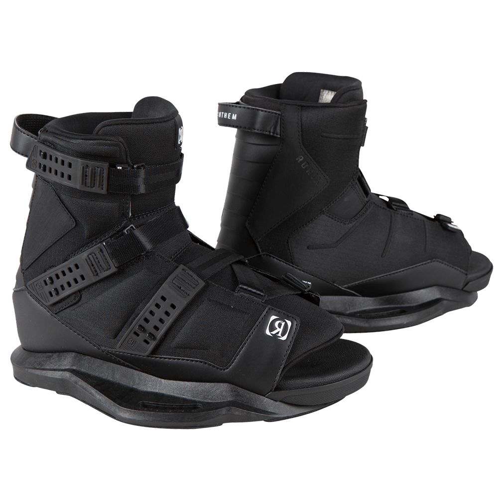 A pair of black Ronix 2022 Anthem Bindings featuring MainFrame Technology and SuperStraps on a black background.