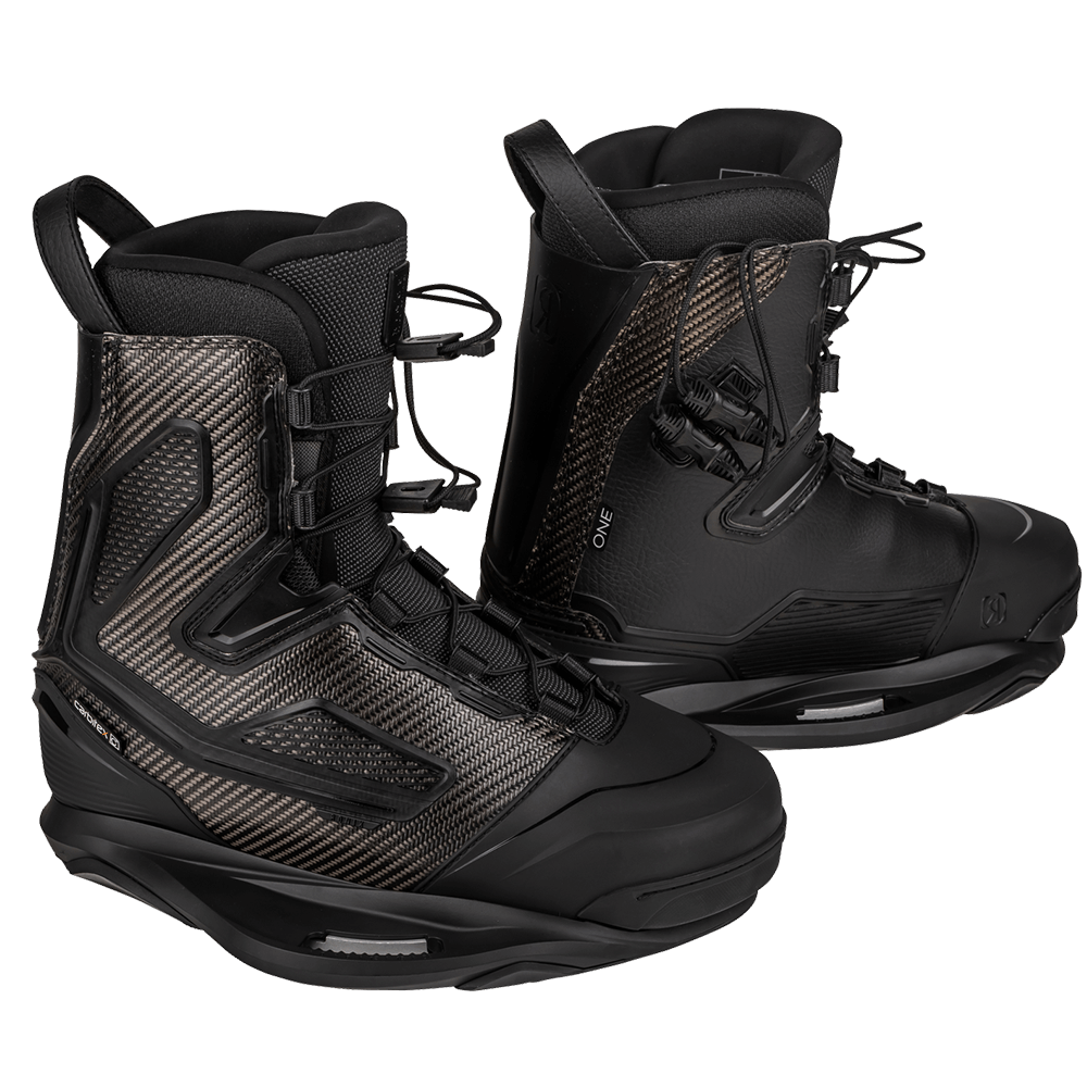 An SEO-optimized pair of Ronix 2022 One Carbitex wakeboard boots, offering a luxurious fit with space-age technology, showcased on a sleek black background.