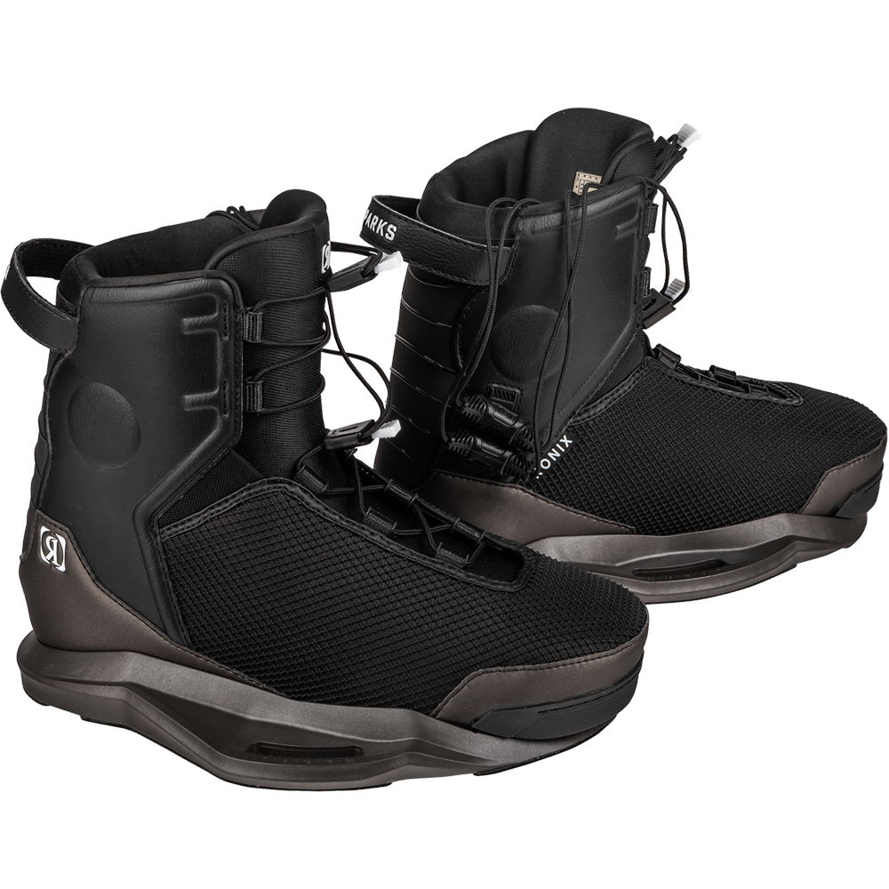 A pair of Ronix 2022 Parks Bindings featuring Ronix fit and AutoLock Technology on a black background.