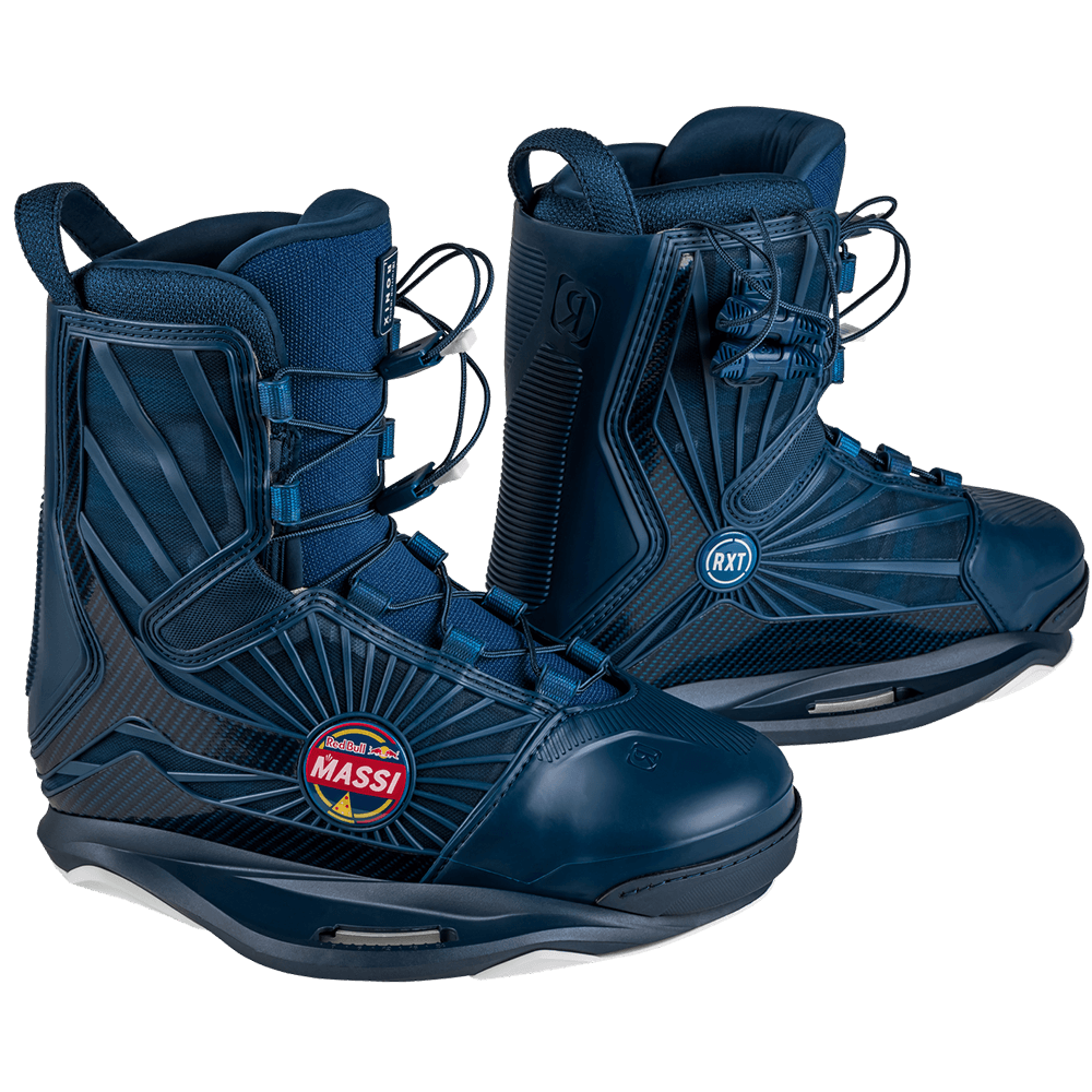 A pair of Ronix 2022 RXT Red Bull® Boots on a black background.