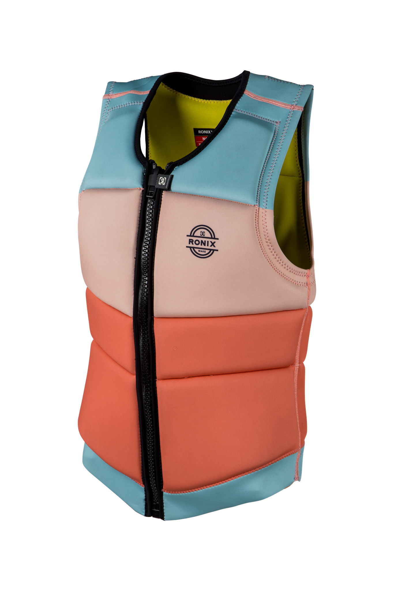 This Ronix 2023 Coral Women's CE Impact Vest, designed by Ronix, features a vibrant pink, blue, and yellow color scheme. Designed with flex foam for maximum comfort, this impact jacket provides optimal safety and buoyancy.