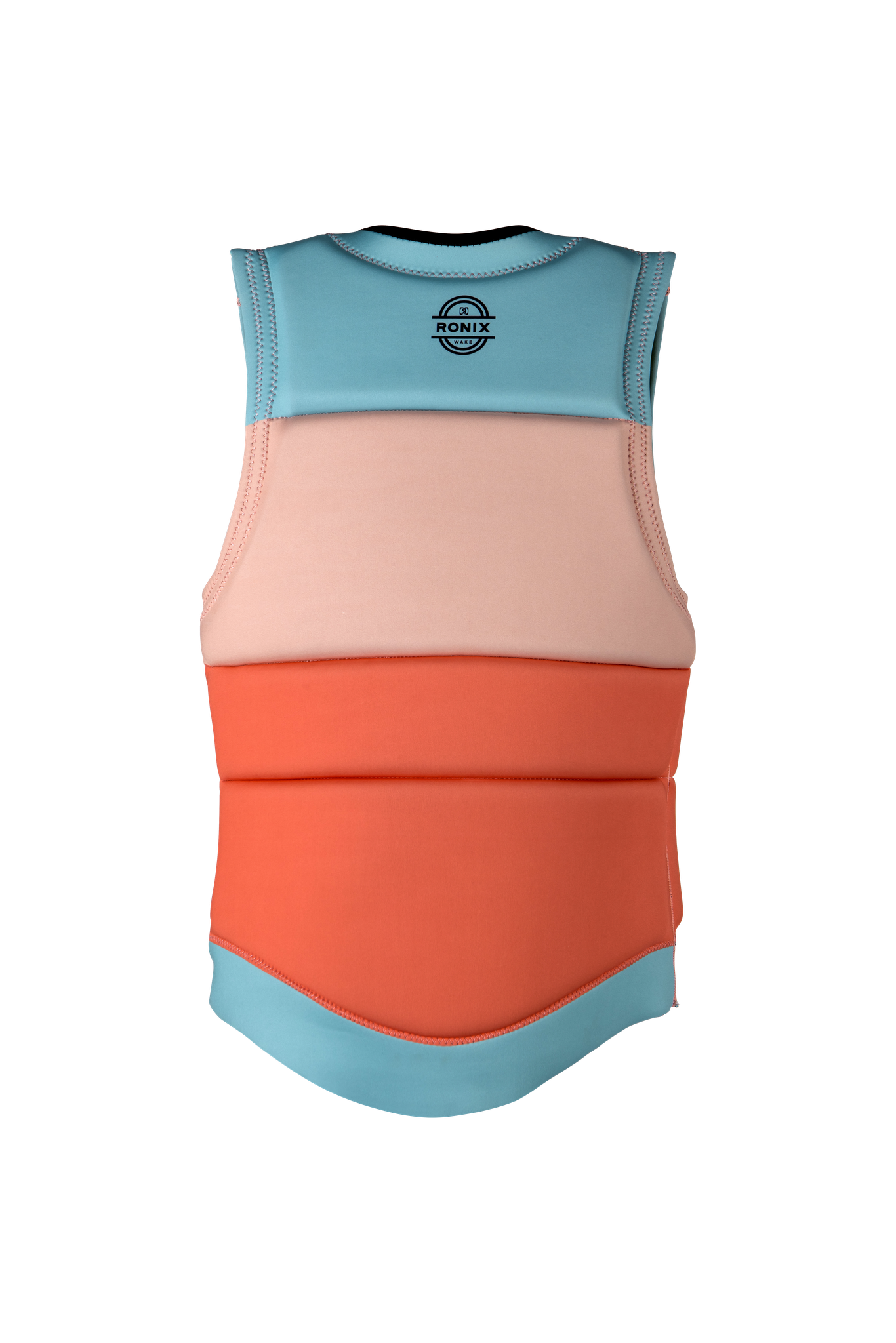 A Ronix 2023 Coral Women's CE Impact Vest in pink, orange and blue that is CE approved.