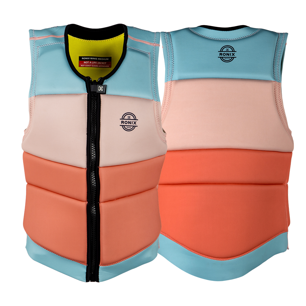 A Ronix 2023 Coral Women's CE Impact Vest in pink and blue with flex foam.