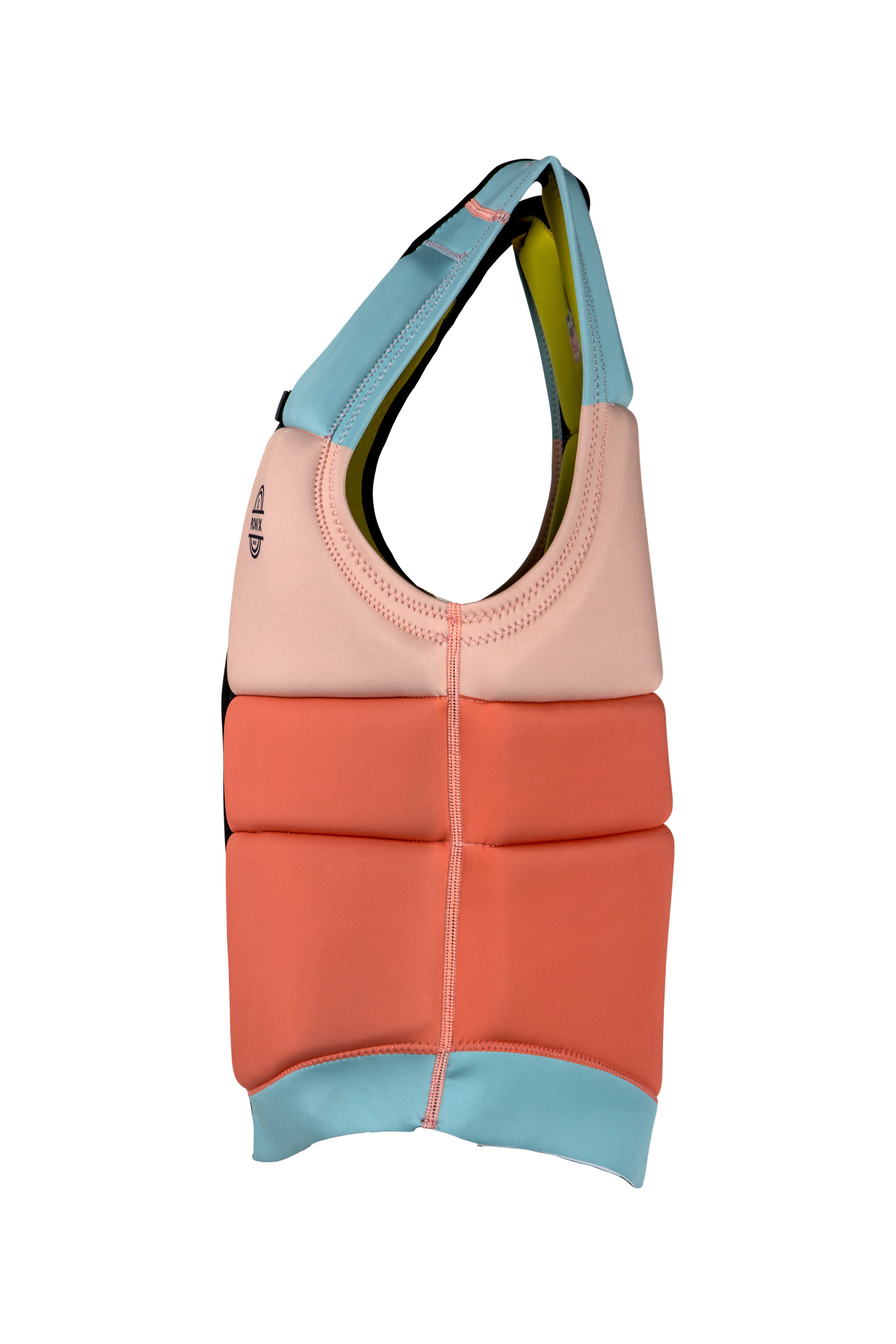 A Ronix 2023 Coral Women's CE Impact Vest with a pink, blue, and yellow design. The vest is made with flex foam construction and meets CE approved standards for safety. It serves as both a stylish accessory.