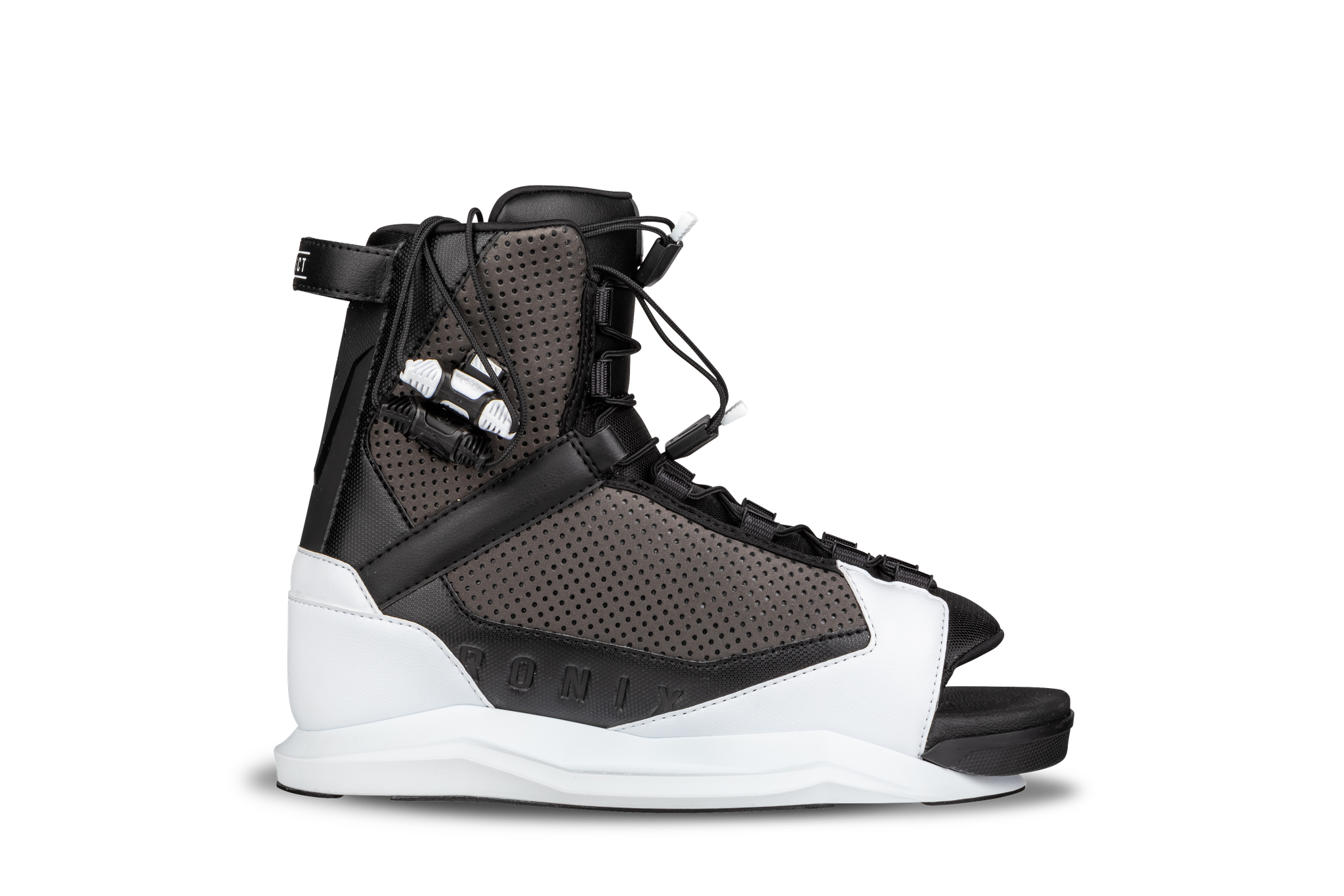 A pair of Ronix 2024 District Bindings ski boots with SIZE ADAPTABLE feature, on a black background.