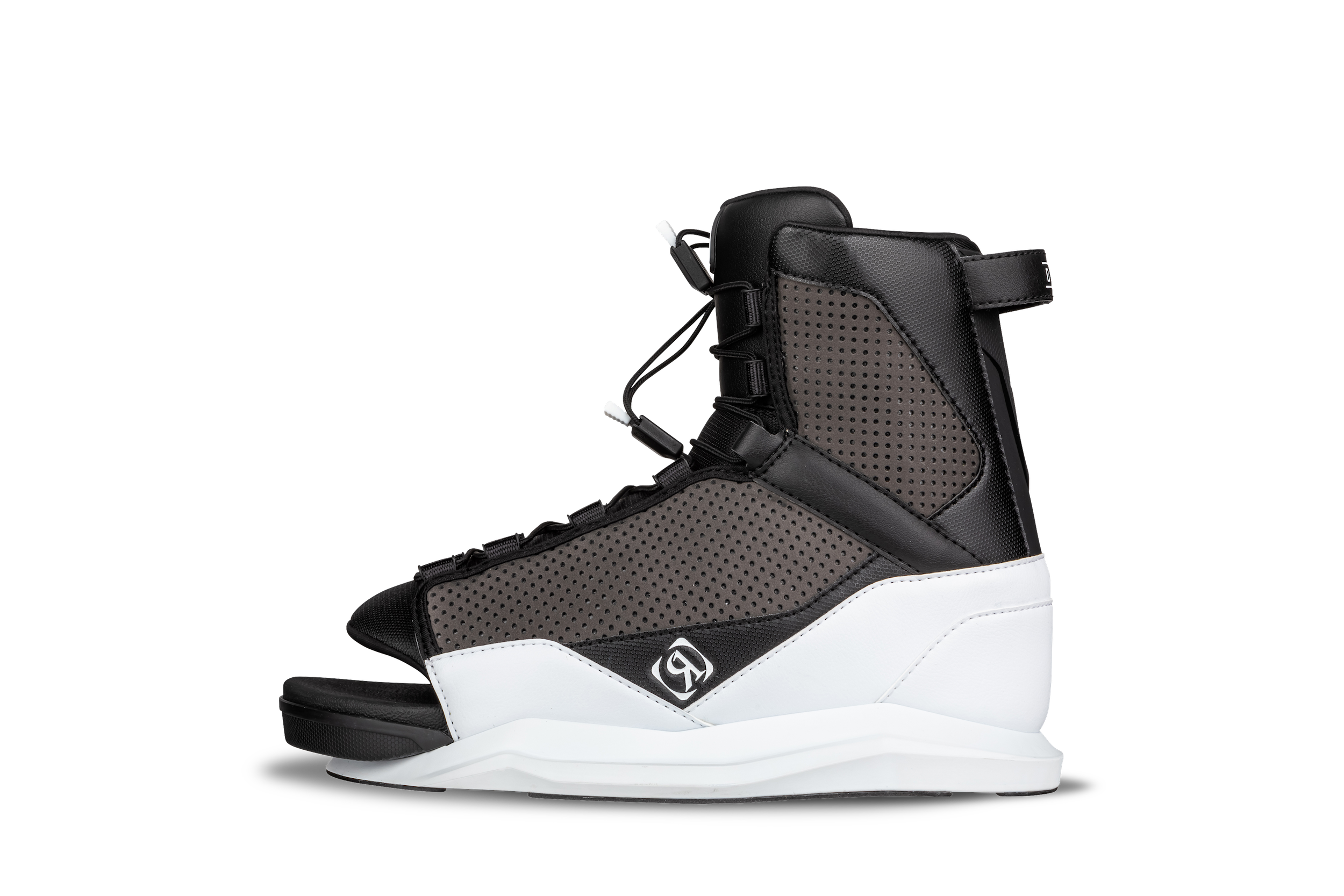 A pair of black and white Ronix 2024 District Bindings featuring a Stage 2 Liner, set against a stylish black background.