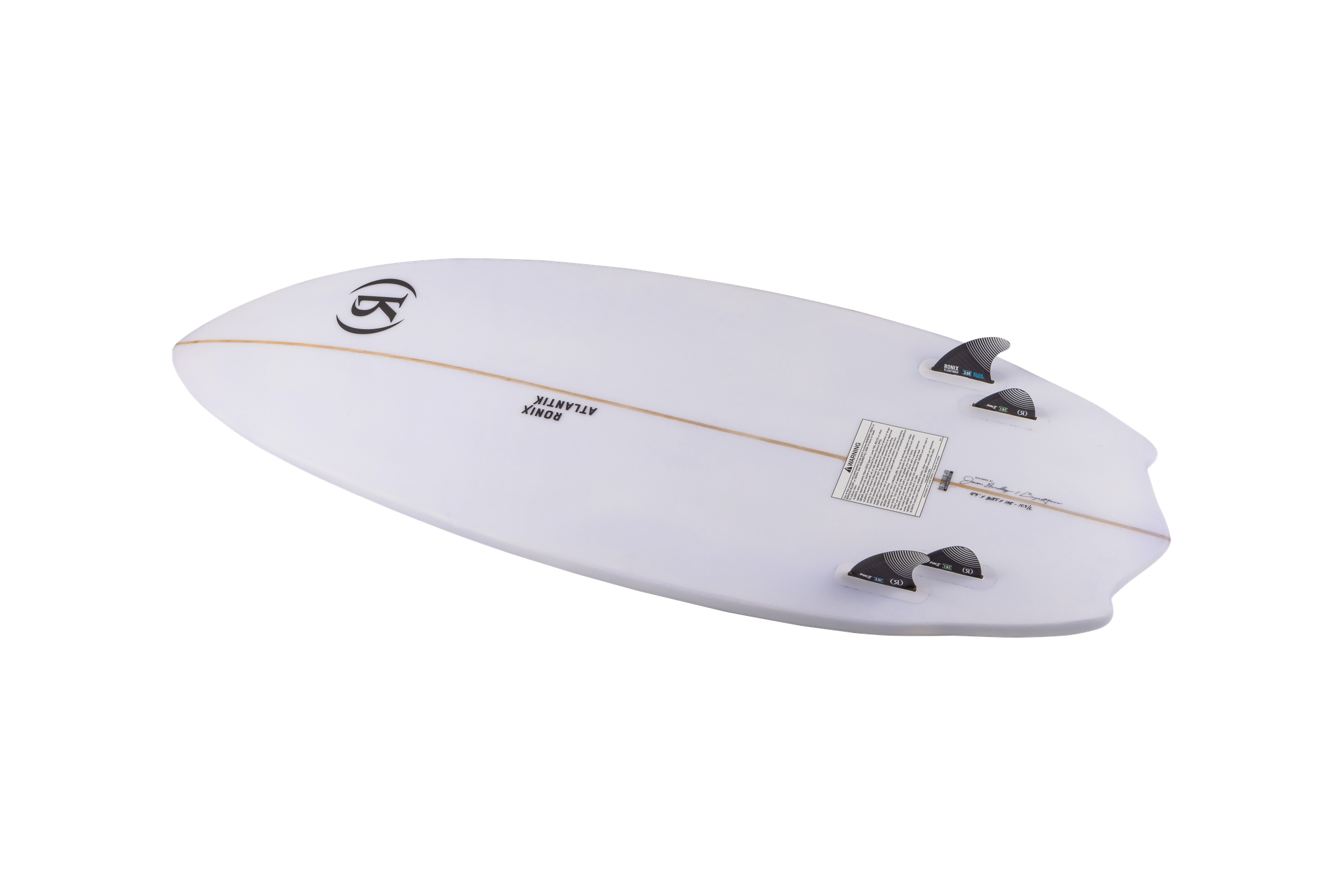 A white surfer on a black background with a Ronix 2024 Flyweight Atlantik Wakesurf Board.