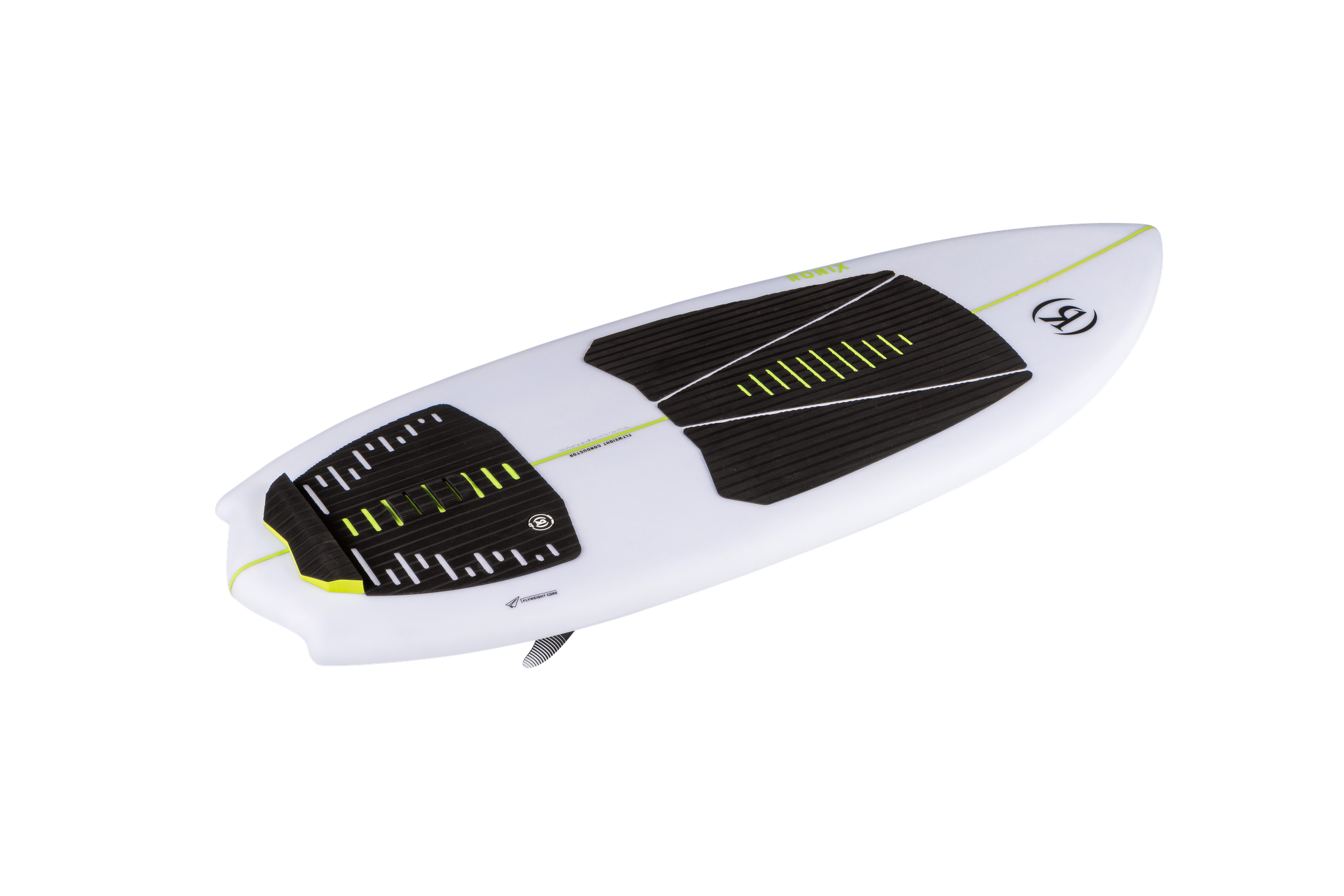 A white and yellow Ronix 2023 Flyweight Conductor wakesurf board surfing at high speed against a black background.