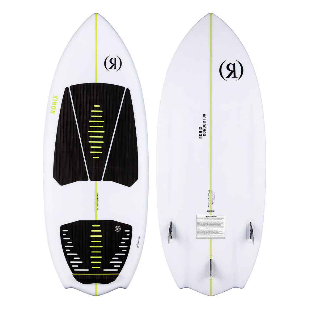 A Ronix 2023 Flyweight Conductor Wakesurf Board with a yellow stripe designed for speed while riding the waves.