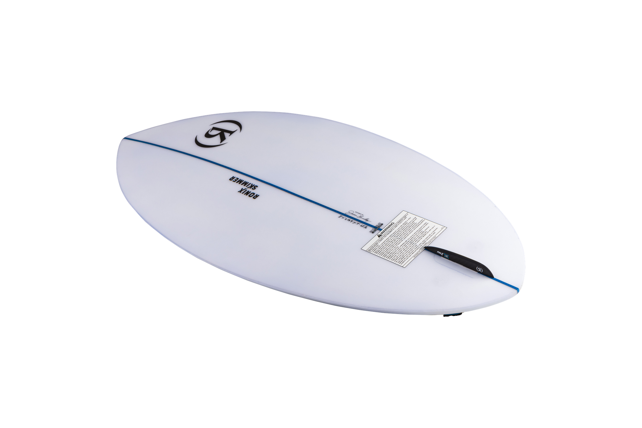 A minimalist Ronix 2024 Flyweight Skimmer surfboard on a black background.