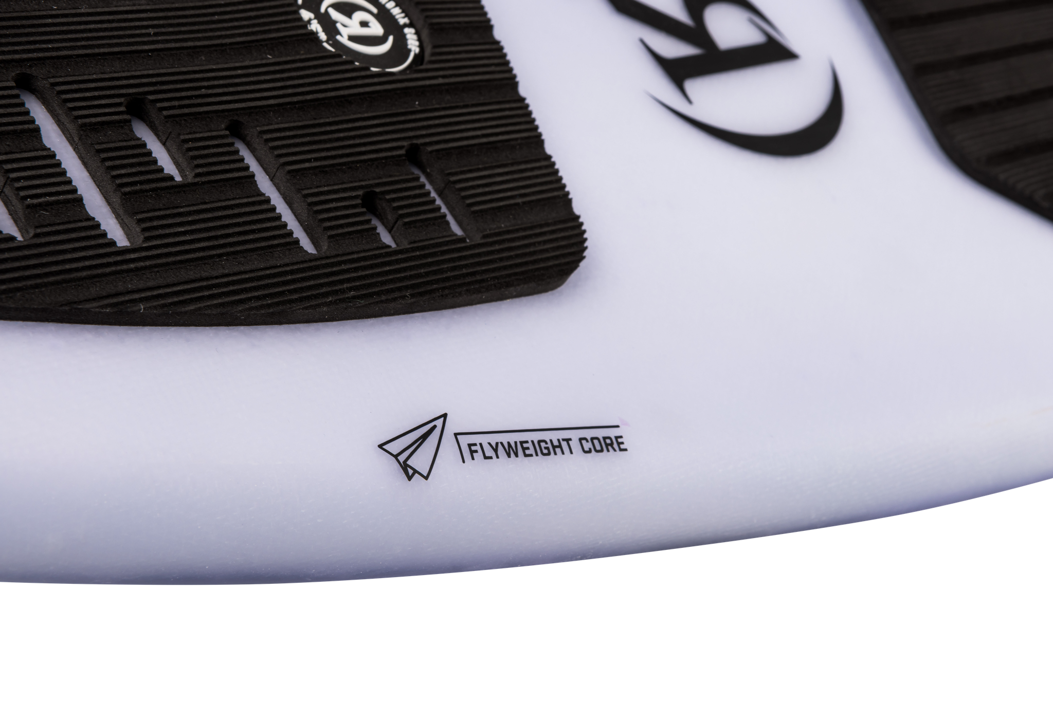 A minimalist Ronix 2024 Flyweight Skimmer surfboard with a logo on it, offering excellent board control for trick marvellers.