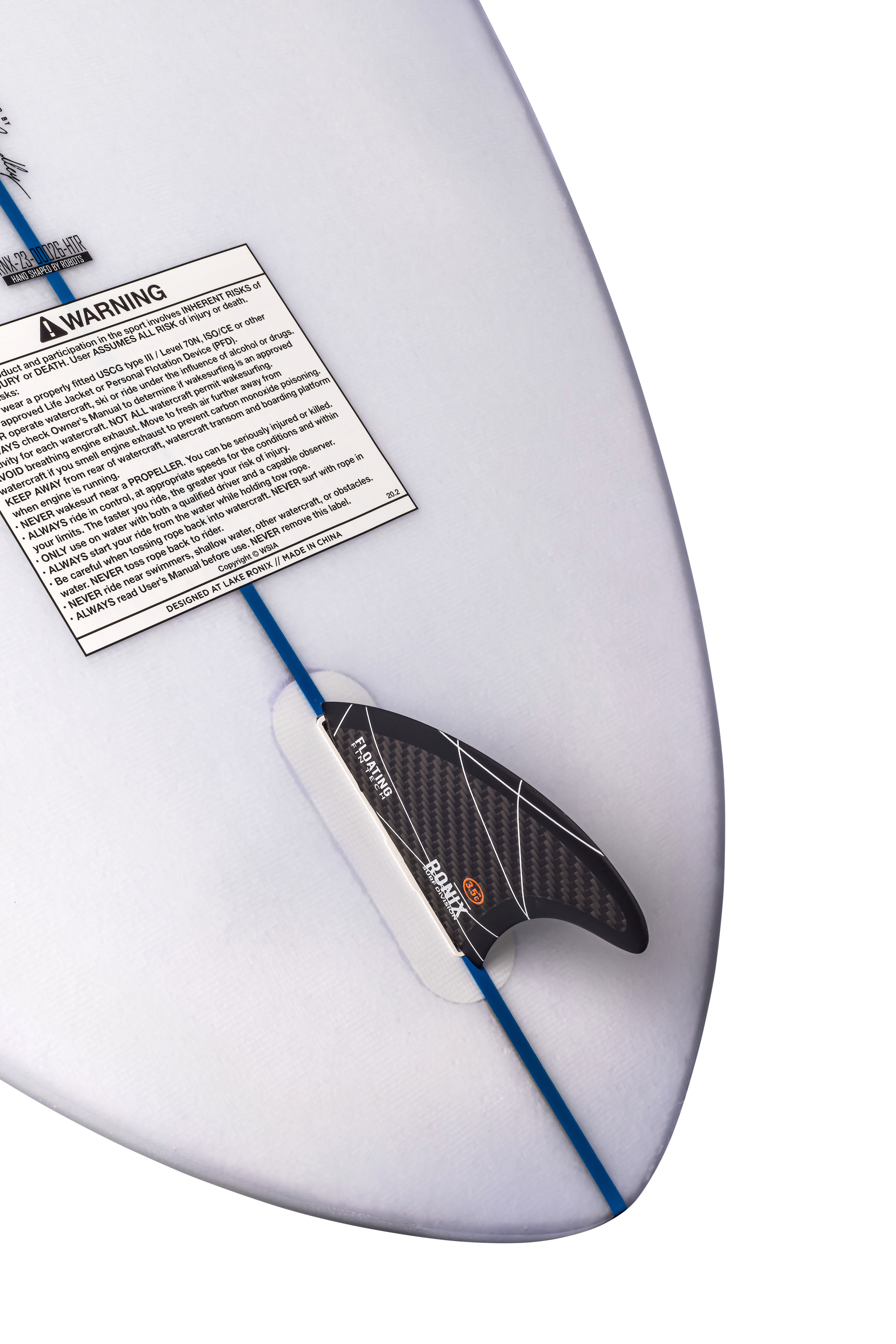 A minimalist Ronix 2024 Flyweight Skimmer surfboard with a blue label showcasing exceptional board control.