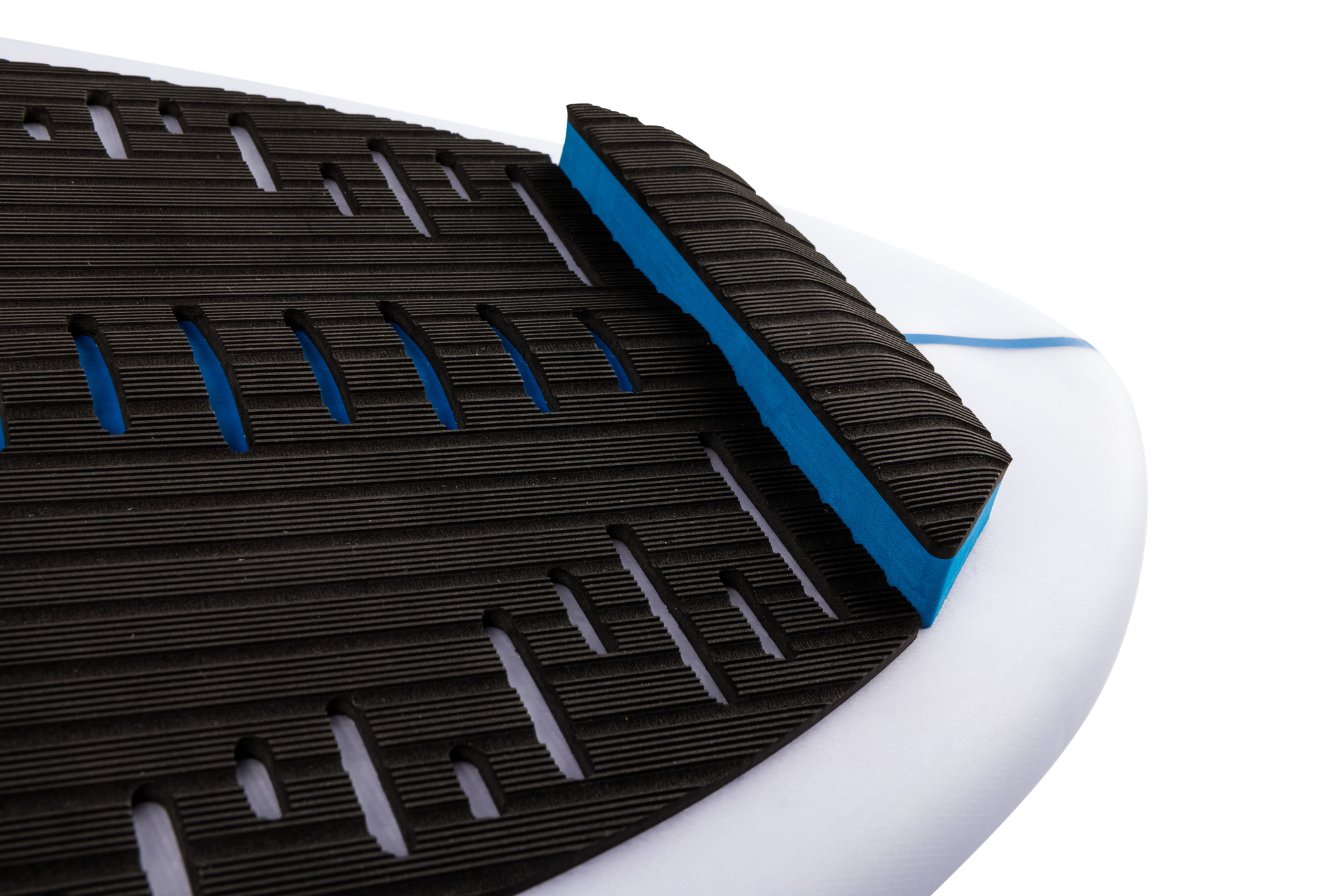 A close up of a white and blue Ronix 2024 Flyweight Skimmer surfboard, showcasing its minimalist design and board control.