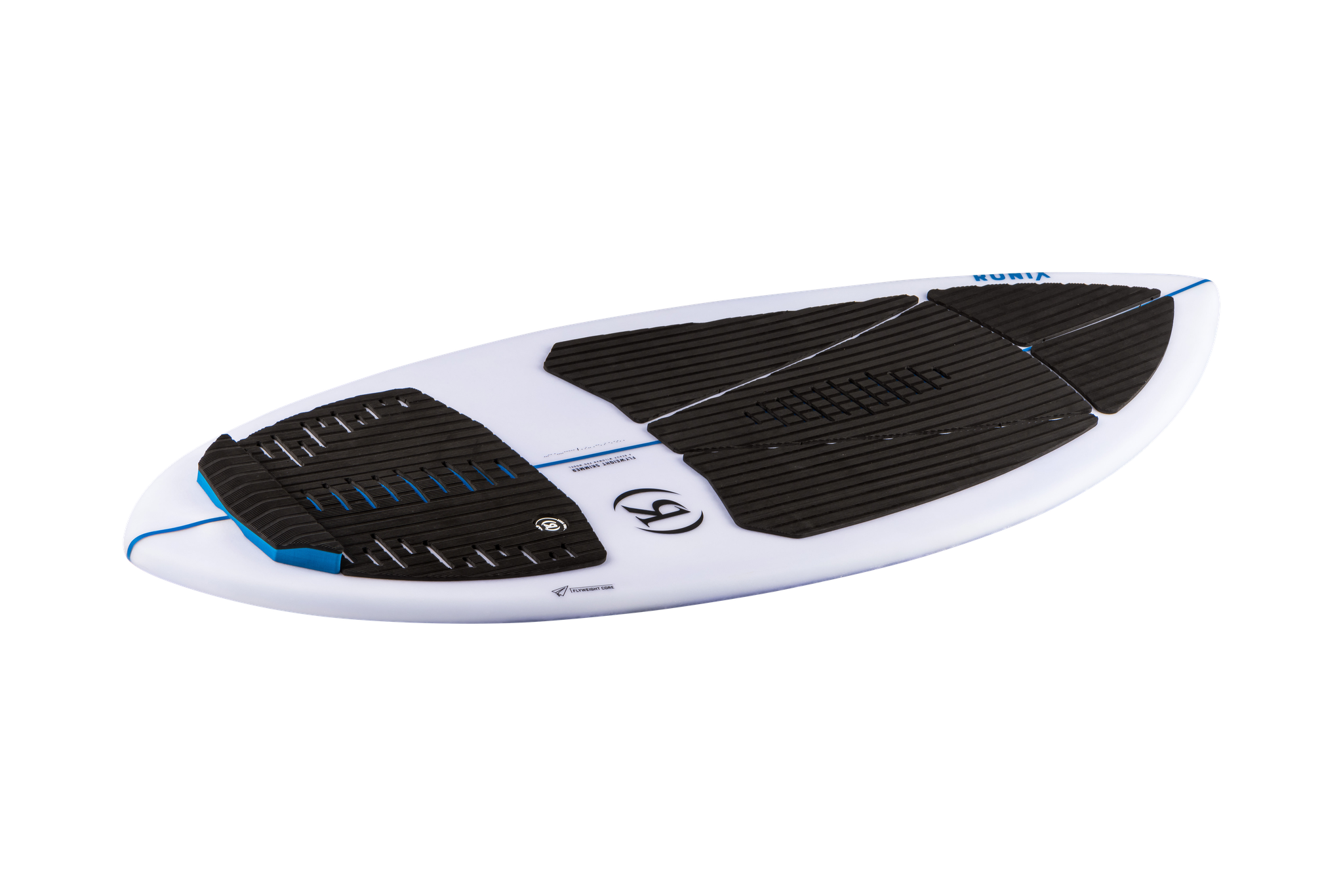 A white and blue Ronix 2024 Flyweight Skimmer on a black background.