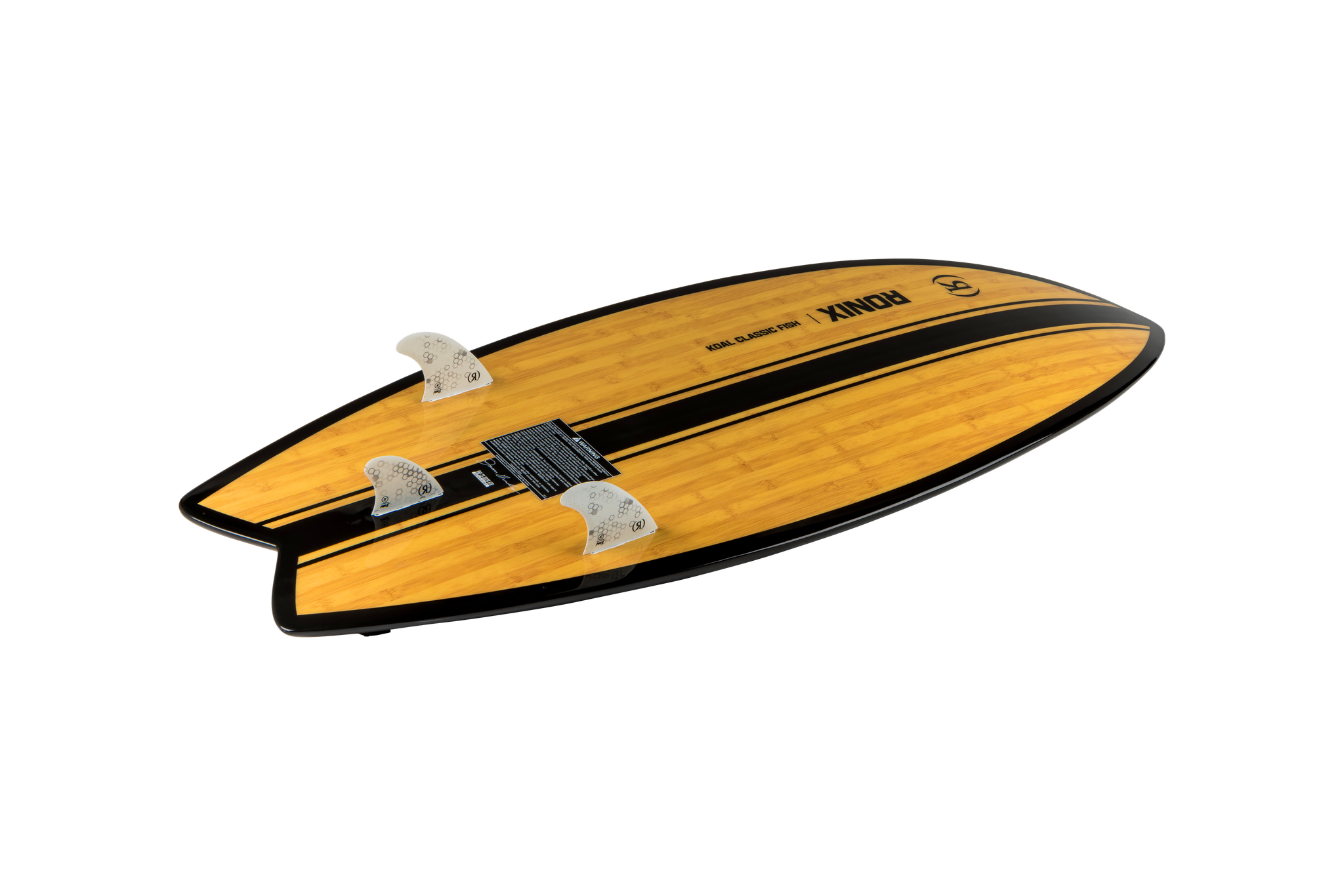 A yellow and black Ronix 2024 Koal Classic Fish Wakesurf Board on a black background.