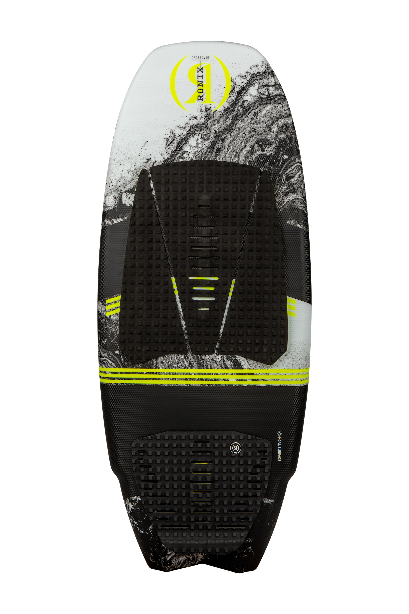 A white and yellow Ronix 2023 Koal Surface Crossover Wakesurf Board designed for XL riders, featuring a freeride vibe and perfect for pulling off new school maneuvers.