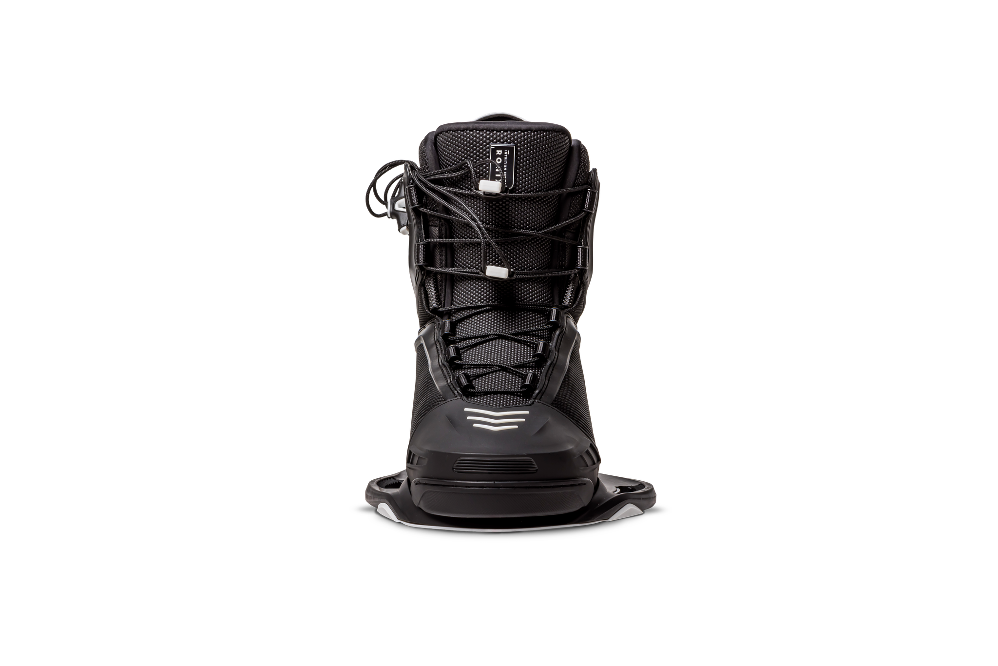 A black Ronix 2024 One Boot featuring a Cordura ballistic nylon upper and an Intuition+ heat moldable liner, showcased against a sleek black background.